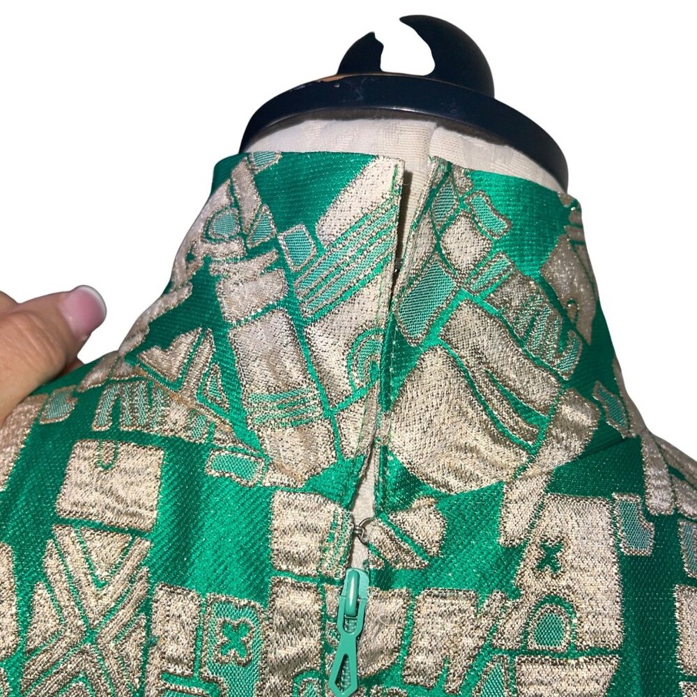 Vintage Womens Dress Size Small Green Geometric Print Maxi Casual Pleated - Picture 6 of 16